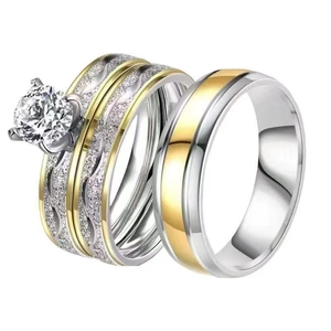 Three-piece stainless steel wedding ring set with main diamond stone and matte gold bands