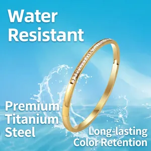 Waterproof gold titanium steel bangle with rectangular crystal pave for women