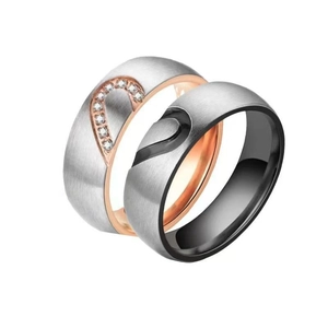 Couples heart matching rings in brushed stainless steel with silver and rose gold finish