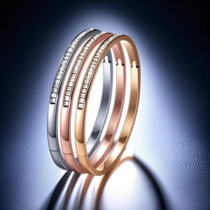 Close-up of titanium steel bracelets set in silver, gold, and rose gold with pavé crystals