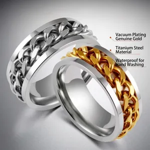 Industrial titanium steel rotating rings with Cuban chain inlay and vacuum gold plating