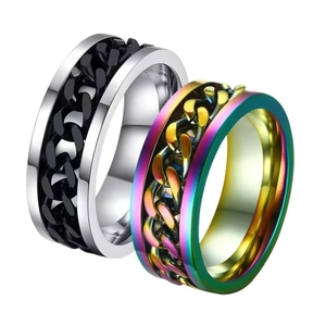 Mens stainless steel spinner ring set with black and rainbow rotatable chain inlay