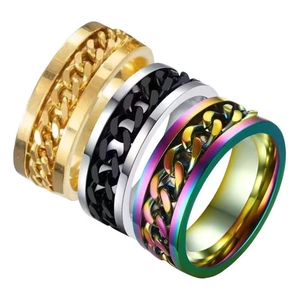 Three-piece stainless steel spinner rings set with industrial chain inlay in multi-colors