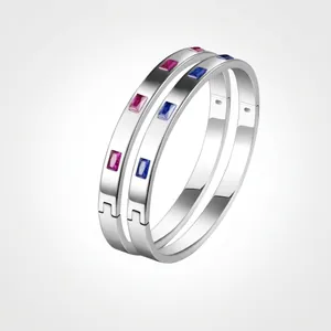 Titanium steel minimalist bracelet with rectangular crystals and hinged closure side