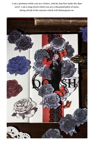 Detail of gothic rose stickers with vintage butterflies on a white journal page