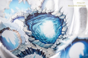 Detail van de realistische 3D PET-sticker met een blauwe ijsgrot en diepe rotstexturen