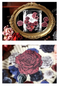 Detail of vintage red rose floral stickers with lace patterns and Victorian aesthetic