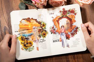 Macro detail van vintage PET-stickers met modieuze figuren en bloemencollage op een schrift