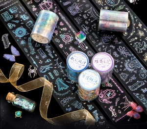 Detailed macro of PET holographic laser tape with fantasy butterfly and ocean motifs