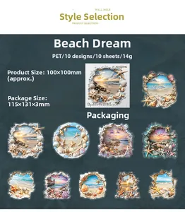 Flache Ansicht von 10 3D-Wandbruch-PET-Aufklebern mit Strandmotiven für DIY-Scrapbooking