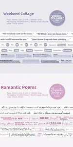 Detail of 10mm washi tape sets featuring blue and pink poetic text for journaling