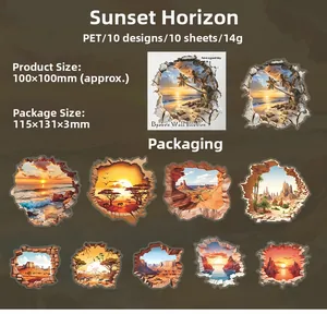 Detailansicht der Abmessungen und 10 Stück 3D PET Sonnenuntergang Aufkleber für DIY Deko