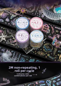 Detailed holographic PET tape with gold stamping featuring fantasy butterfly and floral motifs