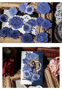 Detail of Rose Gift series scrapbooking stickers with blue roses and vintage motifs