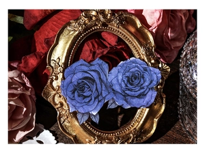 Detailed view of vintage blue rose stickers inside an ornate golden frame decor