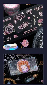 Macro detail of decorative PET stickers with 3D crystal textures and floral patterns