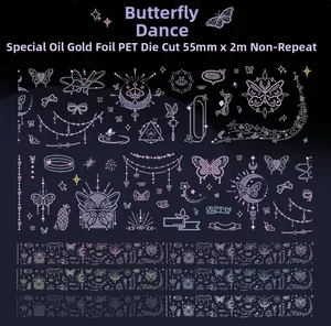 Detail of PET decorative tape with gold foil butterfly and star patterns for DIY journals