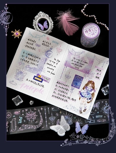 Detailed macro view of butterfly themed PET tape with 3D crystal effect and glitter details