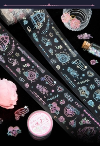 Detail of PET decorative tape with gold stamping floral and vintage motifs