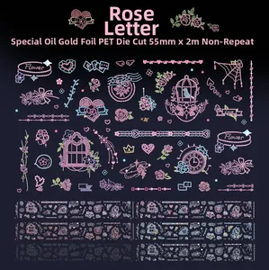 Detailed PET tape showing macro rose patterns and gold foil craft on dark background