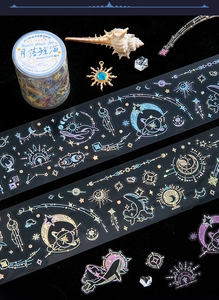 Detail of Moonlit Whale Sea PET tape featuring gold foil stars and dreamlike whales