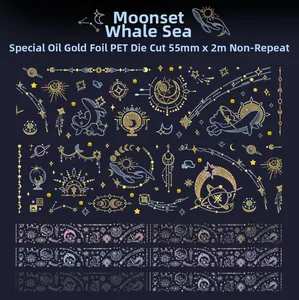 Macro detail of PET sticker with whales and moon, gold stamping, cosmic theme