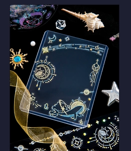 Detailed view of PET decorative tape featuring mystical whales and golden moon stars