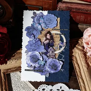 Vintage blue rose junk journal kit with floral butterfly and Victorian girl collage