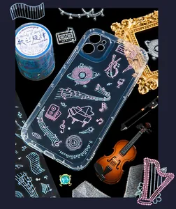 Macro detail of PET decorative tape with musical instruments and gold foiling elements