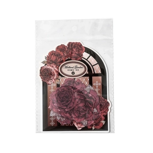 Vintage red rose floral stationery stickers with Medieval Garden theme in transparent bag