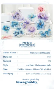 Détail des autocollants en PET translucide avec des motifs floraux à l'aquarelle bleue