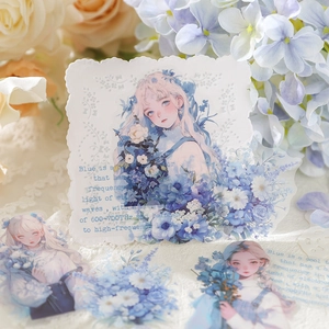Ästhetisches Alice Blumen PET Aufkleber Set mit blauen Mädchen Motiven für Journaling
