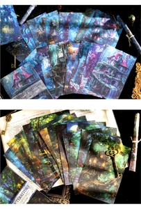 Detailopname van vintage fantasie scrapbooking kaarten met bosrijk huis illustraties