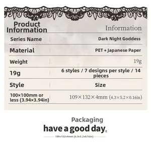 Detailed spec sheet for Goddess of Night PET stickers showing 14 sheets in 100x100mm size