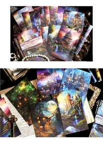 Detailopname van vintage scrapbooking papier met mystieke kastelen en boslandschappen