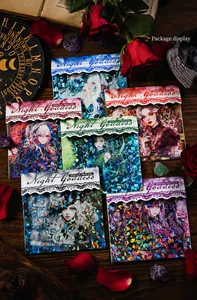 Macro view of Night Goddess PET stickers with laser holographic finish on vintage desk