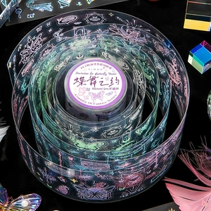 Luminous PET decorative tape with holographic butterfly patterns in a dreamlike spiral