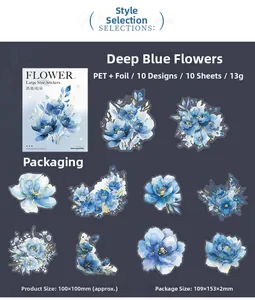 Détails d'autocollants fleurs en PET bleu avec dorure pour journaux et travaux manuels