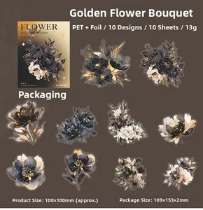 Vue macro détaillée des autocollants fleurs en feuille d'or PET, design noir et doré