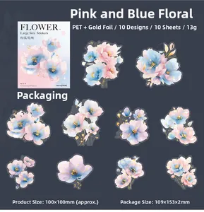 Détails d'autocollants fleurs en PET rose et bleu avec dorure sur fond sombre chic
