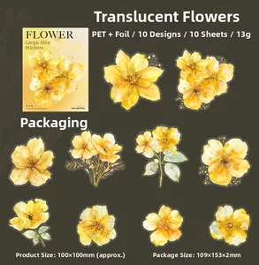 Détail d'autocollants fleurs PET jaunes avec dorure et 10 motifs floraux