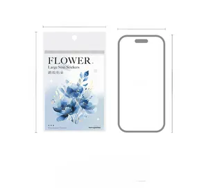 Autocollants fleurs PET bleues : comparaison de taille 153x109mm à côté d'un téléphone