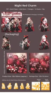 Detail of PET stickers featuring gothic goddess characters with shell light and white ink craft