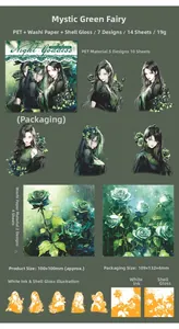 Detail of Night Goddess PET stickers with shell light effect and dark green illustration