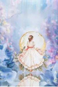 Detail of girl with flowers sticker on reflective surface with bokeh background