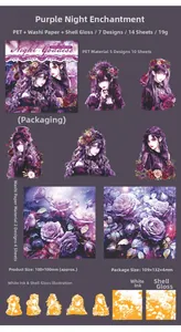 Detail of PET stickers with purple gothic anime portraits and shell light texture