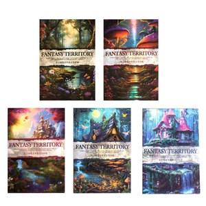 Retro plakboekpapier set Fantasy Territory met bos- en kasteelillustraties van papier