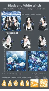 Detail of PET stickers with iridescent shell light finish and anime character designs