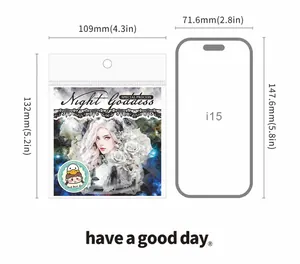 Detailed size guide of shell light PET stickers featuring Night Goddess themed illustrations