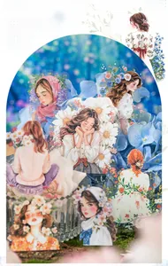 Detailed close-up of vintage flower girl PET stickers with gold foil for scrapbooking